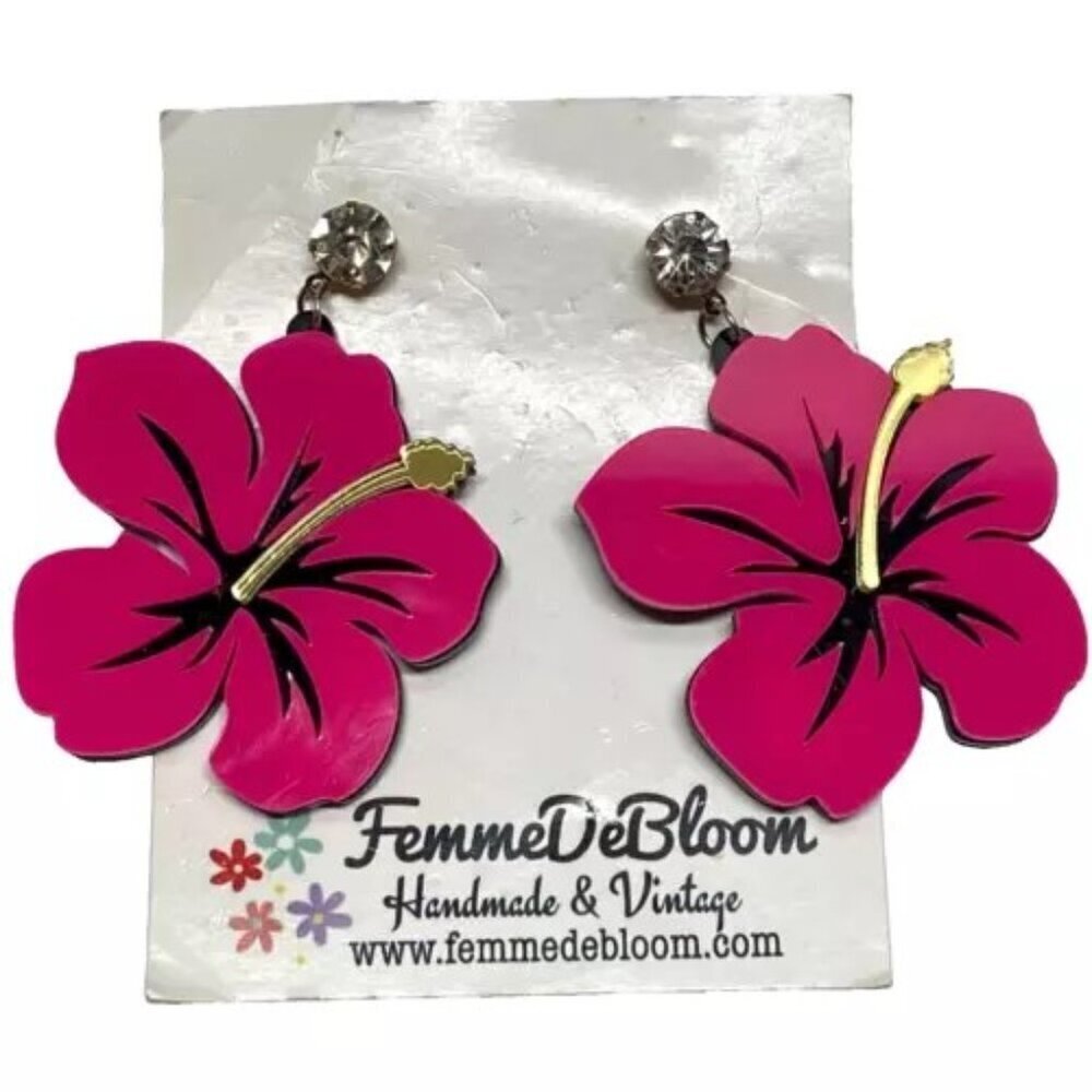 Hawaii Giant Hibiscus Pink Flower Earrings Femme De Bloom Large Acrylic‎ Vintage